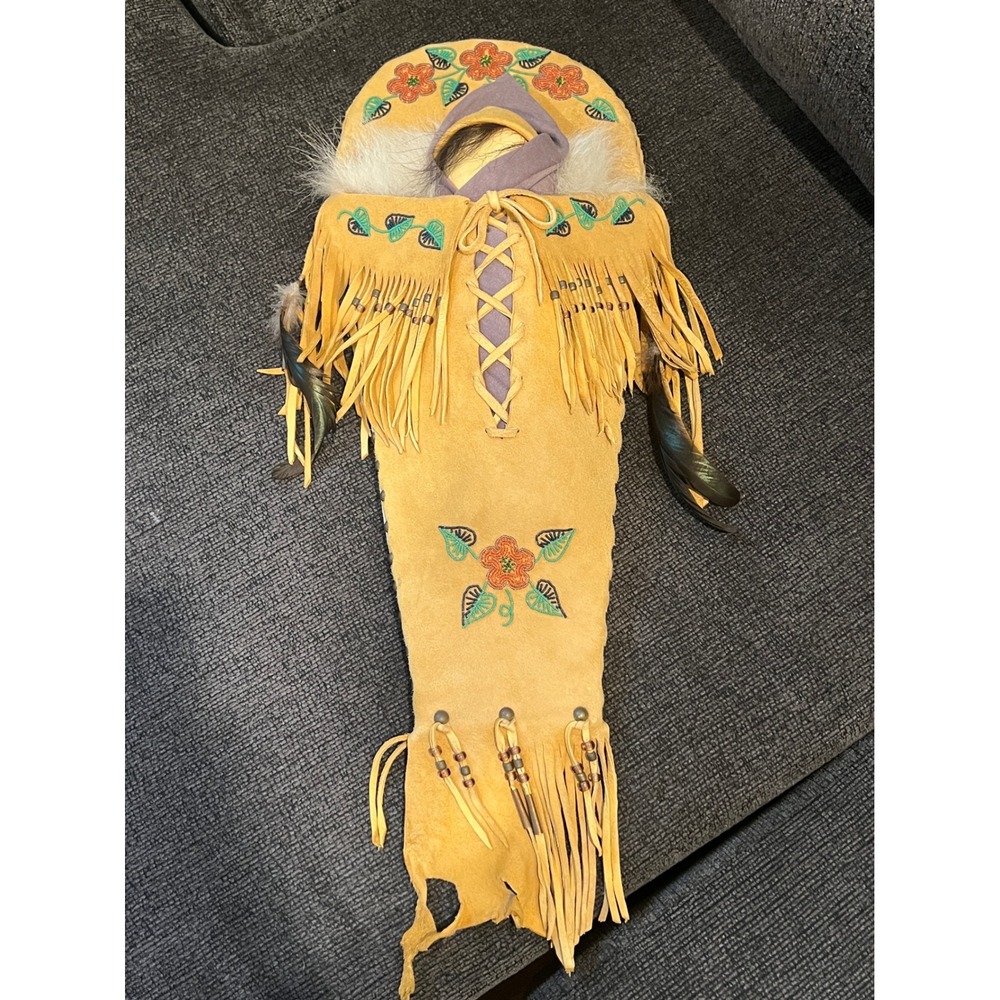 Native American Style Beaded Buckskin Papoose Cradleboard Doll Fringe Feathers